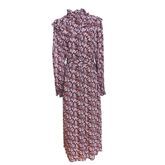 Boden Burgundy Floral Ruffle Long Dress Long Sleeve Smocked Cuff Sz 12 - Picture 2 of 11